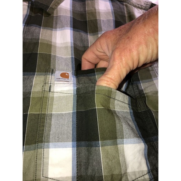 Carhartt Shirt Plaid Button Up Short Sleeve Relaxed Fit Green White Mens Sz L - Picture 6 of 9